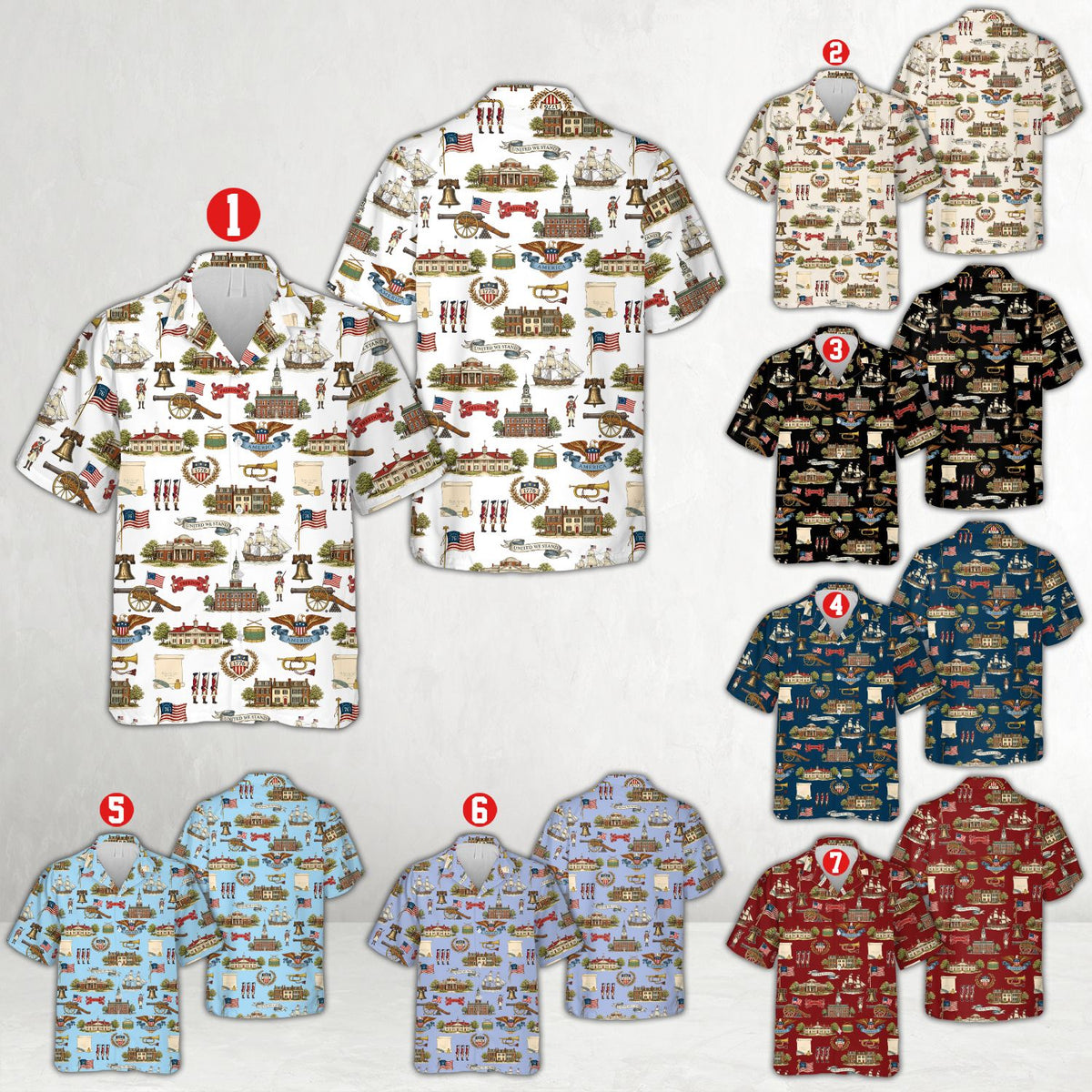 Patriotic hawaiian shirt with bald eagles and Liberty Bell, front view
