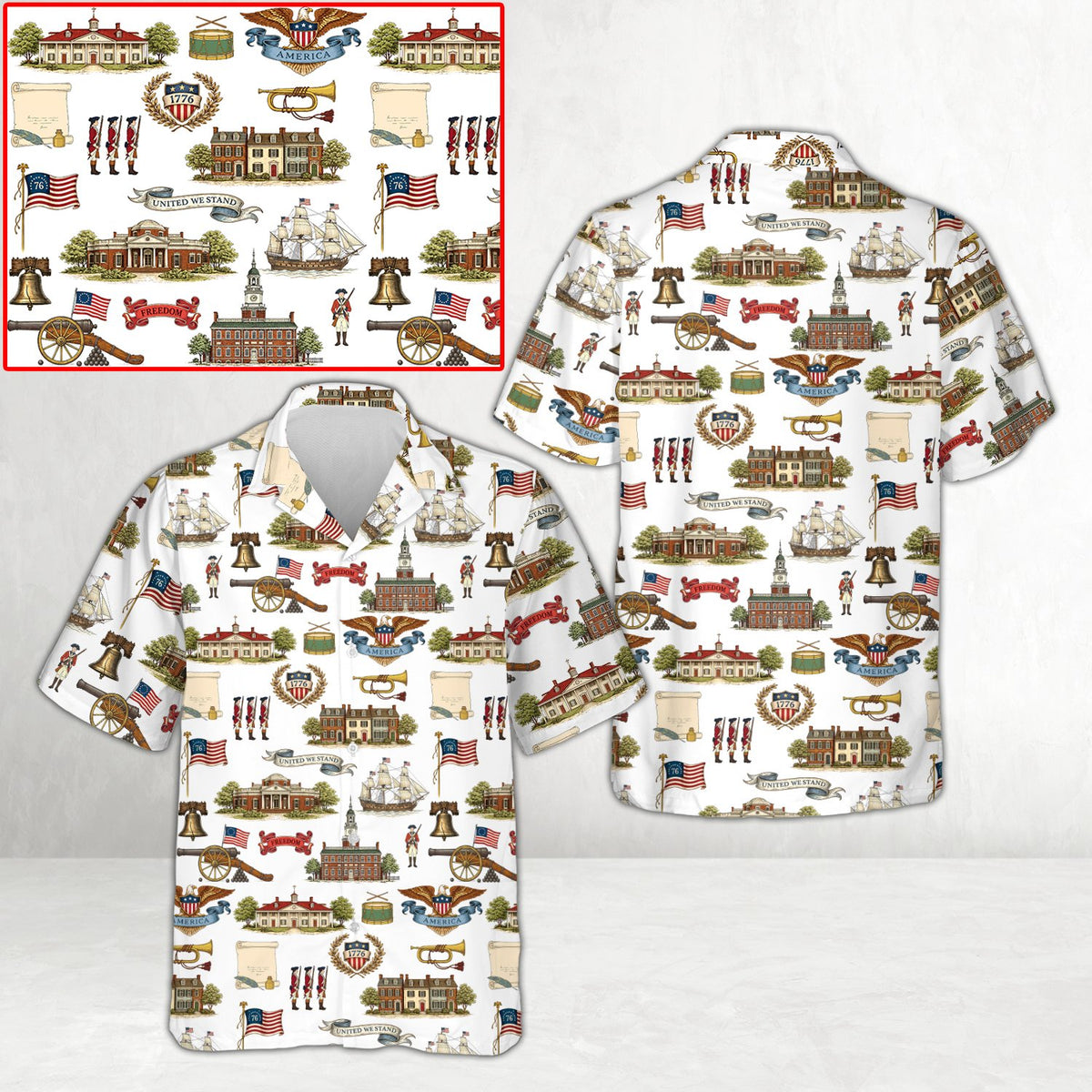 White, red, and blue matching family hawaiian shirts, front view