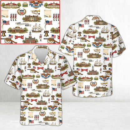 White, red, and blue matching family hawaiian shirts, front view