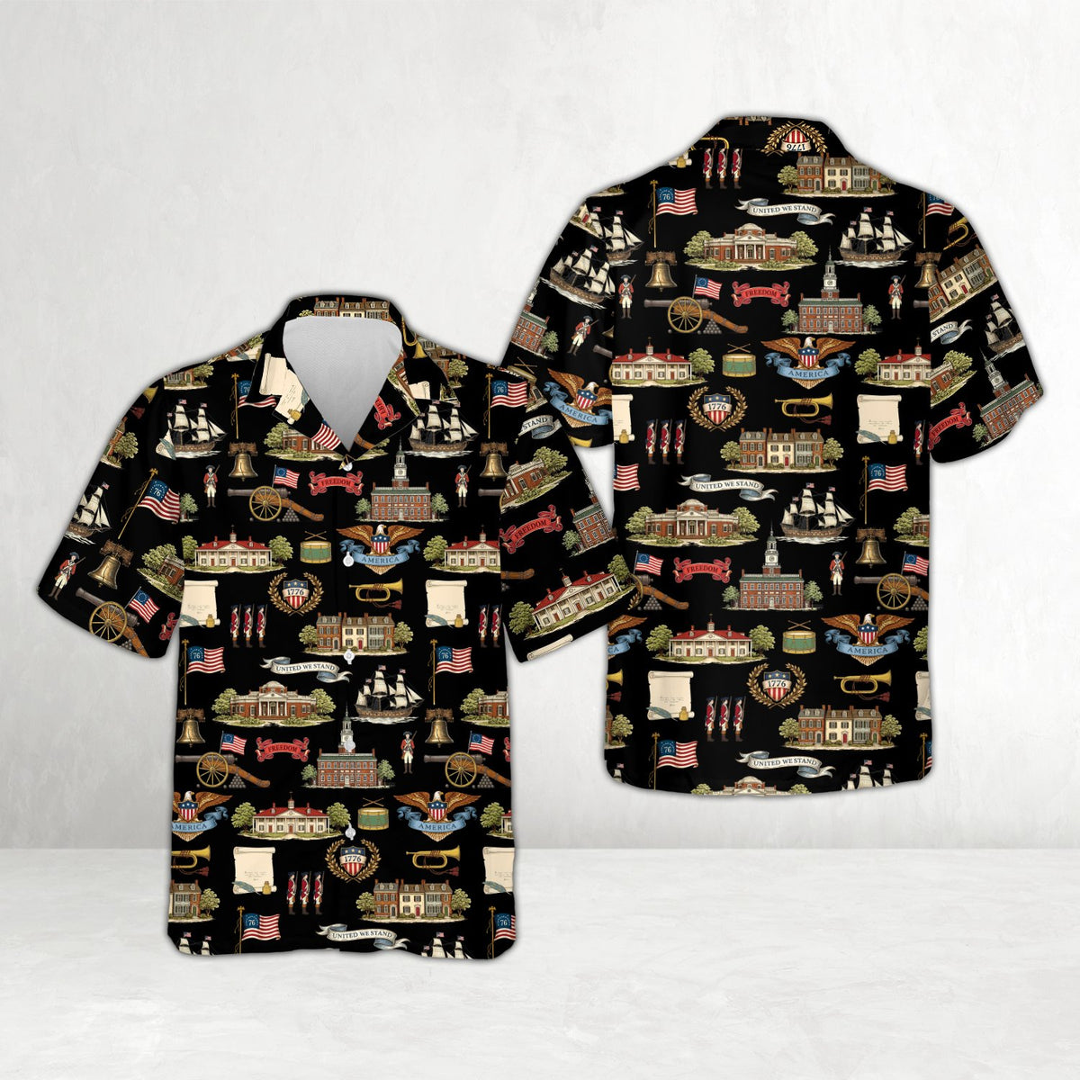 Close up of the matching hawaiian shirts family design with revolutionary soldiers