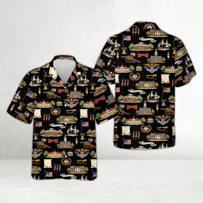 Close up of the matching hawaiian shirts family design with revolutionary soldiers