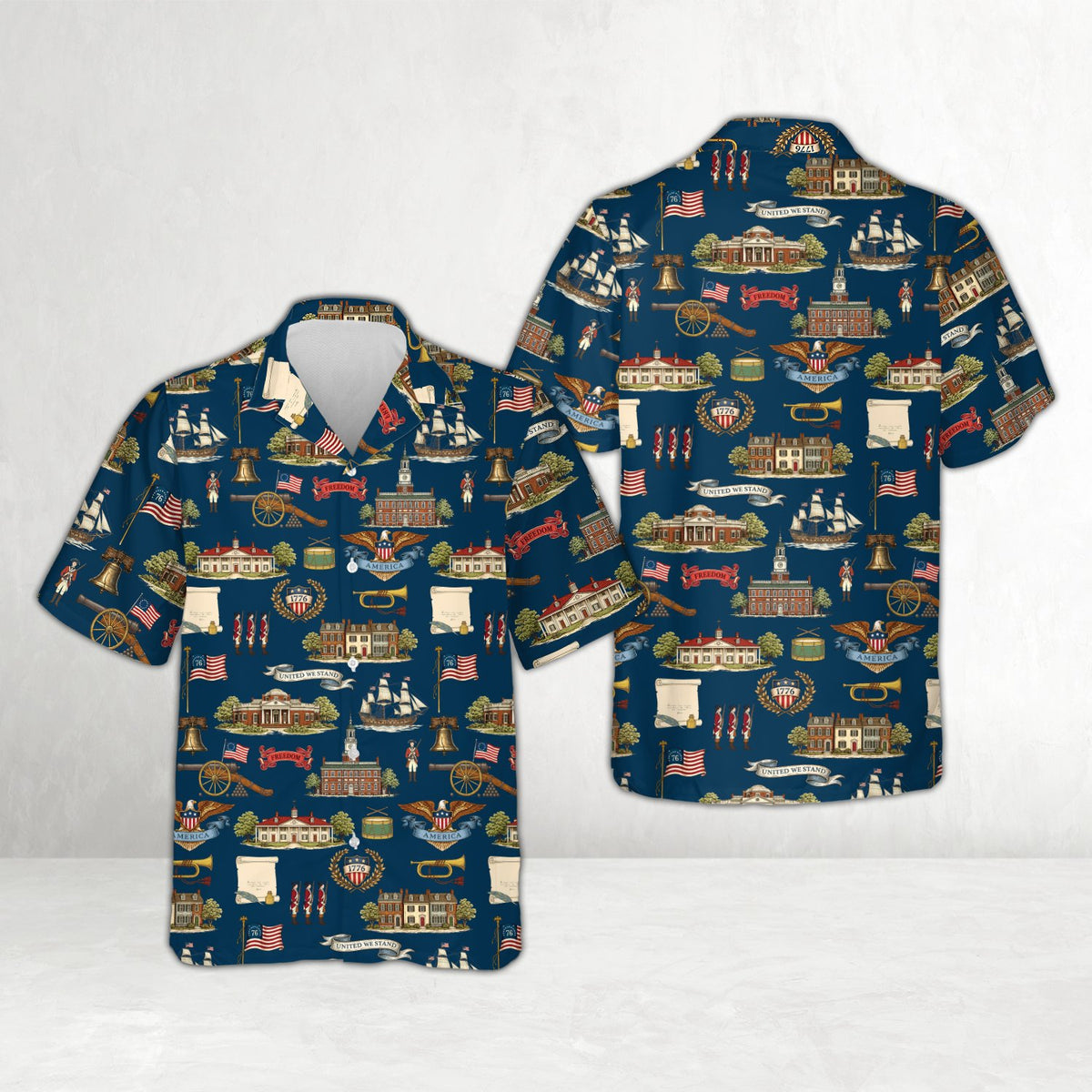 Front view of the family hawaiian shirts highlighting patriotic banners
