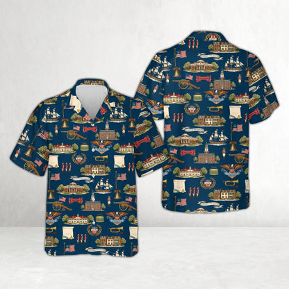 Front view of the family hawaiian shirts highlighting patriotic banners