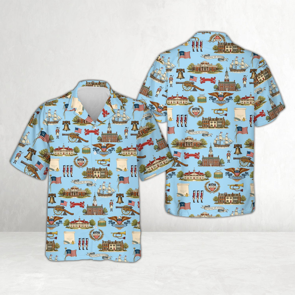 Independence Hall and tall ships printed on matching family hawaiian shirts