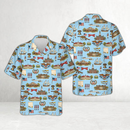 Independence Hall and tall ships printed on matching family hawaiian shirts