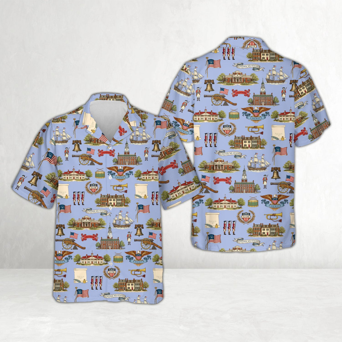 Patriotic button-down matching family hawaiian shirt, full front view