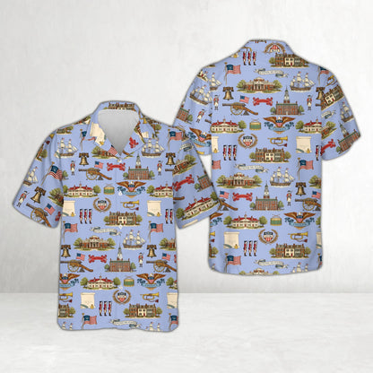 Patriotic button-down matching family hawaiian shirt, full front view
