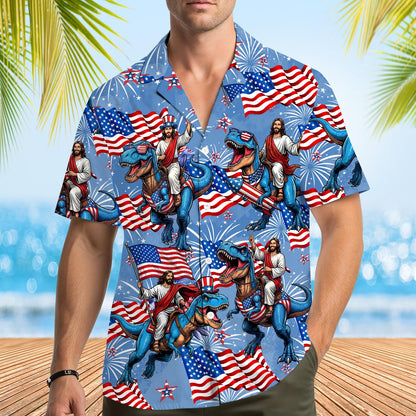 Lifestyle shot of the humorous Fourth of July matching family Hawaiian shirt