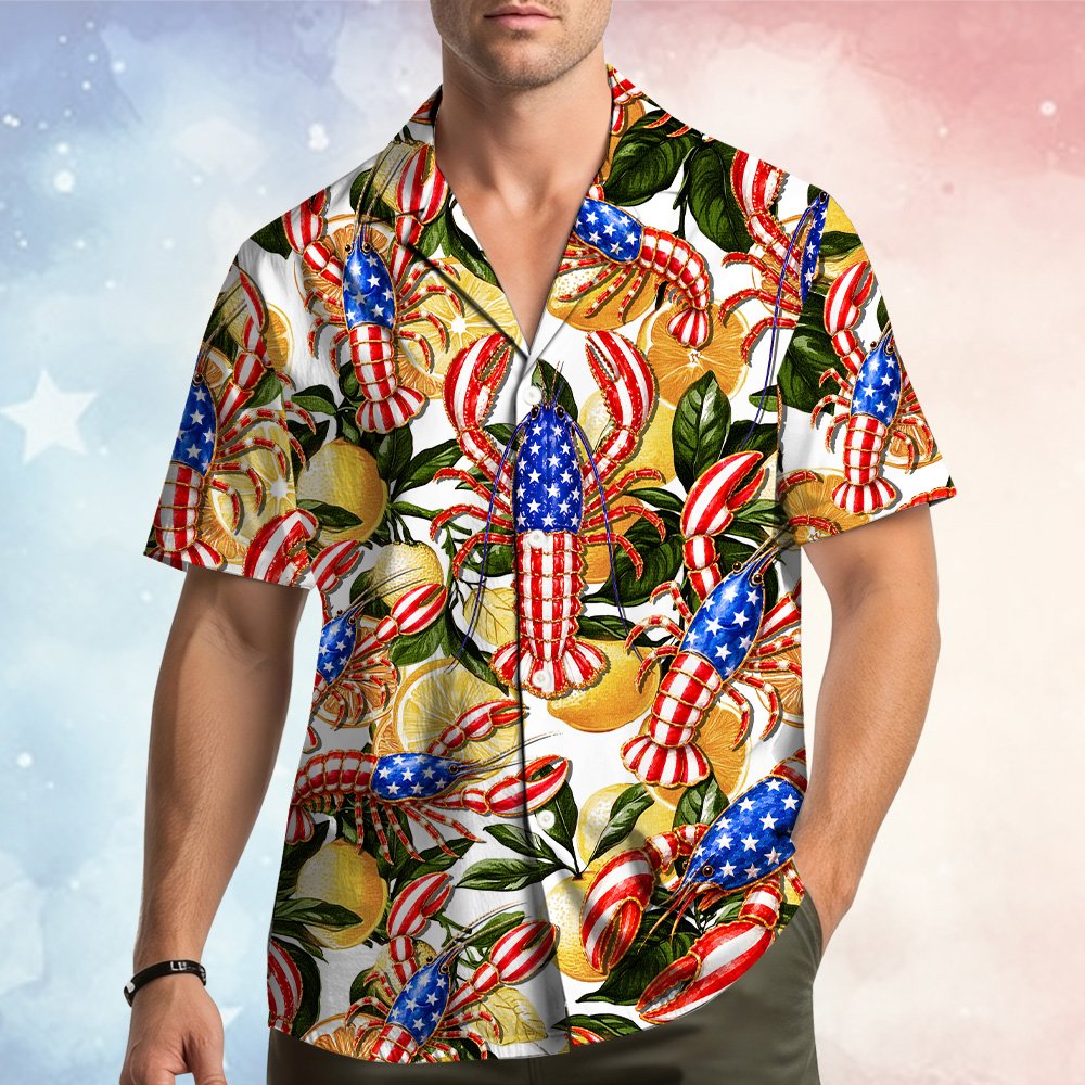 Front view of the matching family hawaiian shirt with lobster design