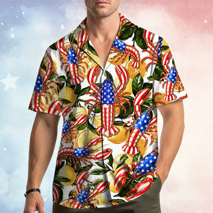 Front view of the matching family hawaiian shirt with lobster design