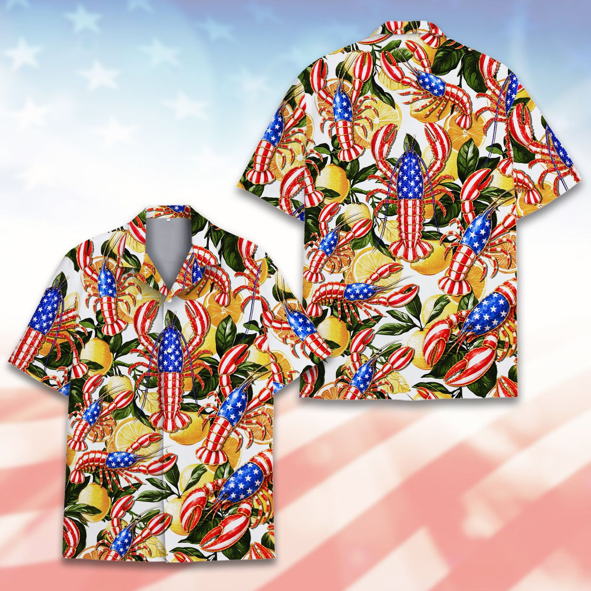 Lifestyle view celebrating in the patriotic lobster hawaiian shirt