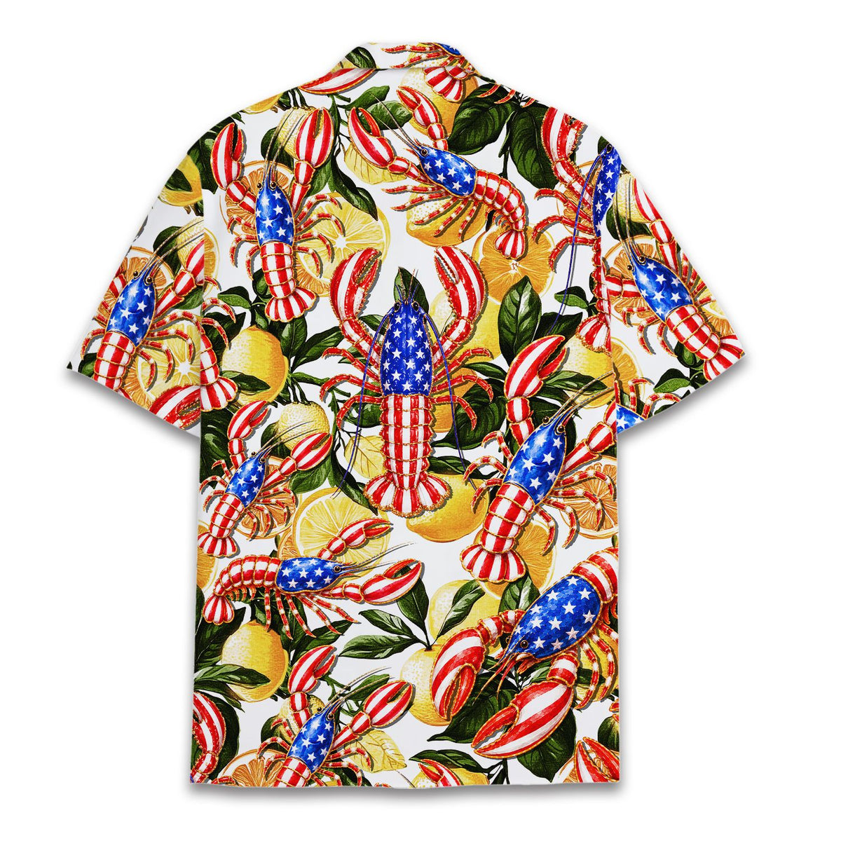 Lifestyle view of the patriotic lobster hawaiian shirt being worn