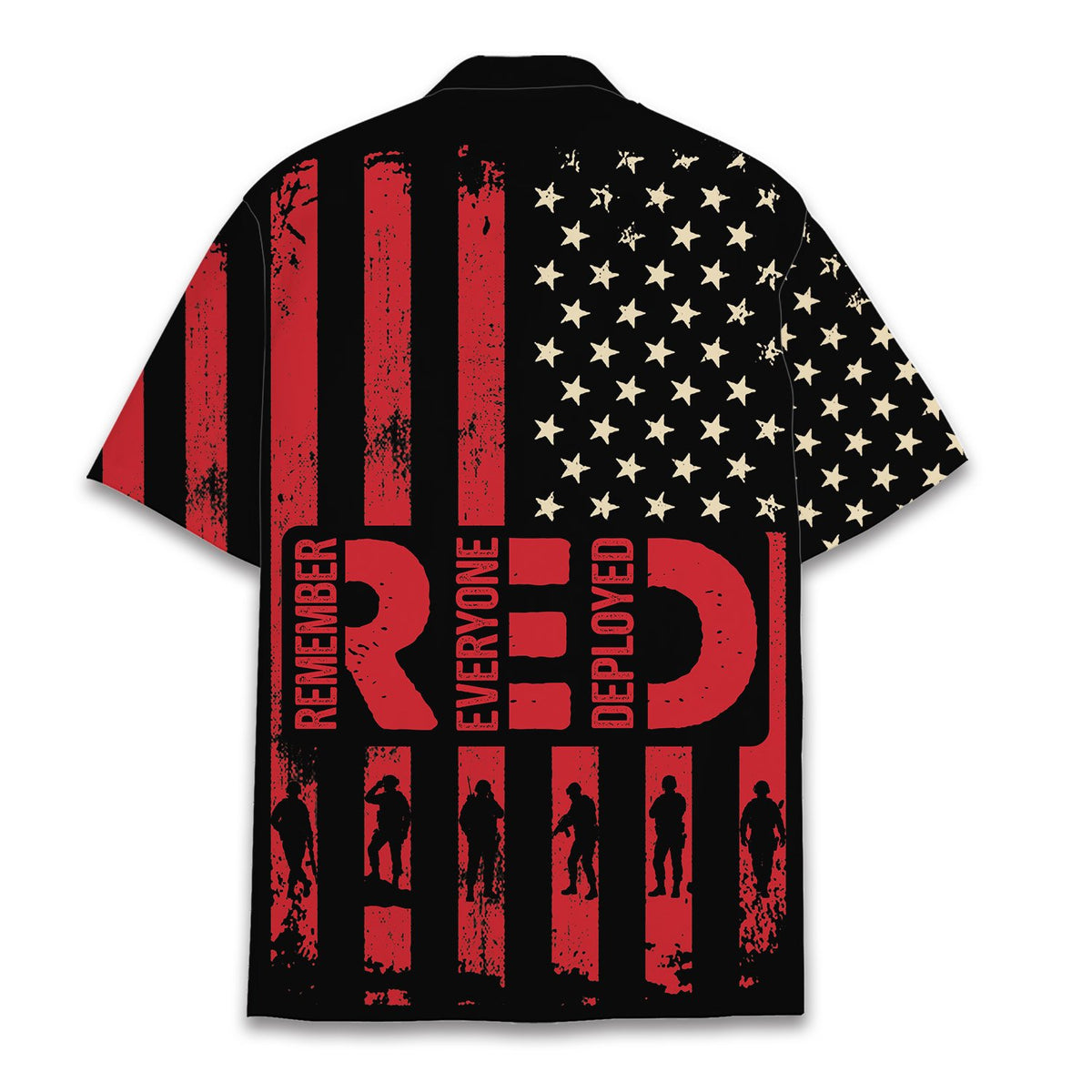 Back view of the military hawaiian shirt showing the continuous distressed flag design