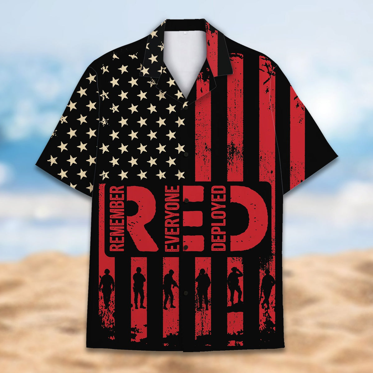 Front view showing the distressed American flag and soldier silhouettes design