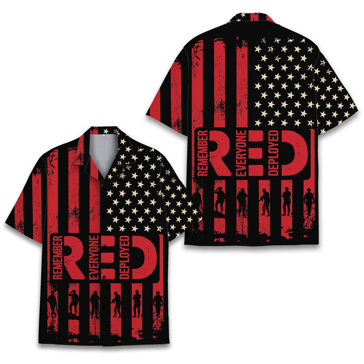 Additional front angle of the black and red patriotic hawaiian shirt