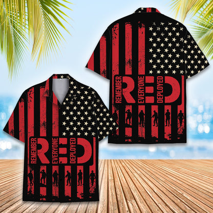 Close up front view of the RED Remember Everyone Deployed hawaiian shirt