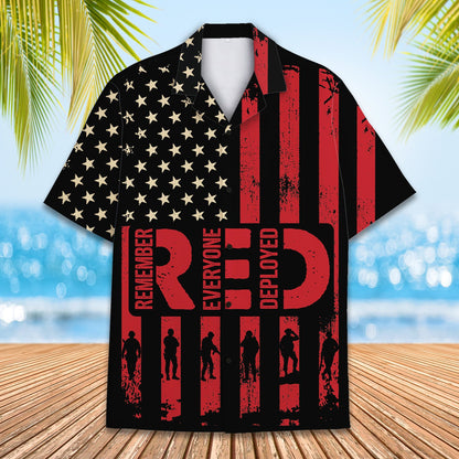 Front view of the black and red RED Remember Everyone Deployed military hawaiian shirt