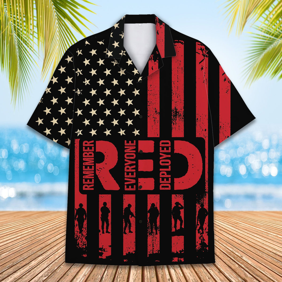 Military hawaiian shirt featuring RED Remember Everyone Deployed design, main view