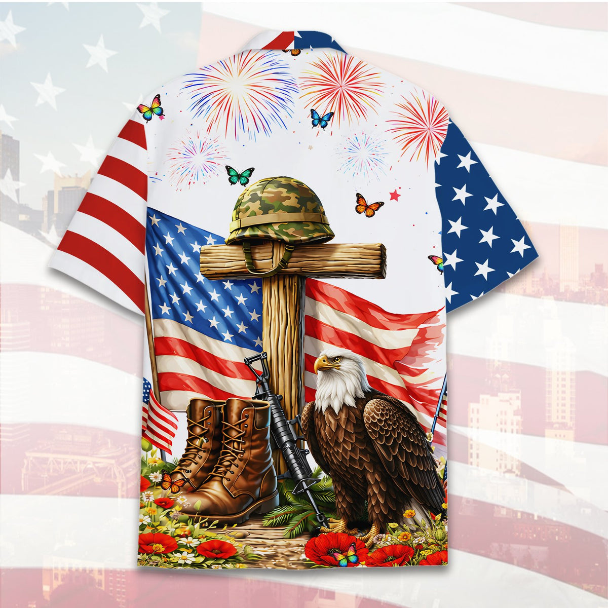 Second back view of the patriotic military memorial hawaiian shirt