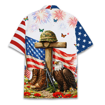 Back view of the patriotic military memorial hawaiian shirt highlighting the eagle and flag design