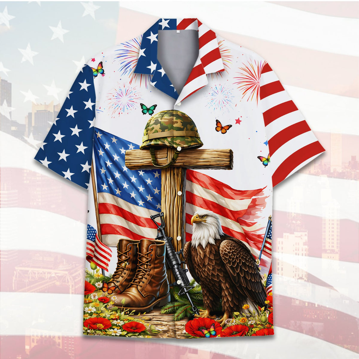 Another front view of the patriotic military memorial hawaiian shirt showing stars and stripes sleeves