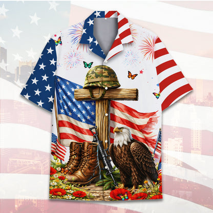 Another front view of the patriotic military memorial hawaiian shirt showing stars and stripes sleeves
