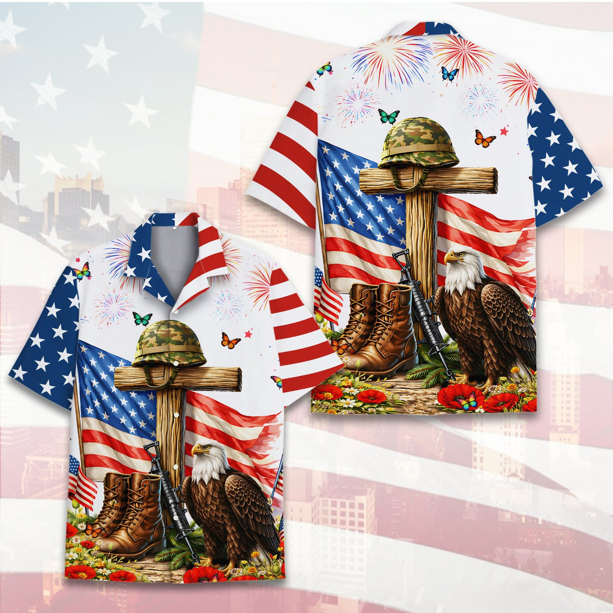 Detailed front view of the matching family hawaiian shirt design with military helmet and boots