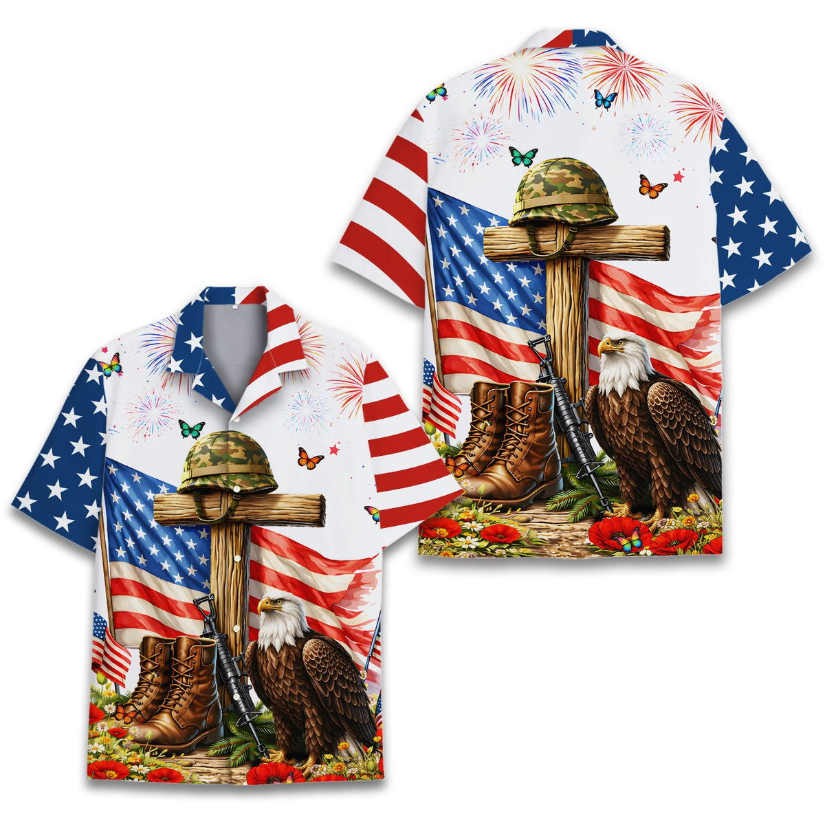 Main view of the patriotic military memorial hawaiian shirt featuring an American flag, cross, and bald eagle