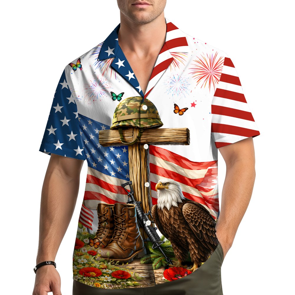 Lifestyle view of a person wearing the patriotic military memorial hawaiian shirt