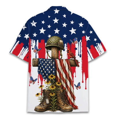 Back view of the patriotic hawaiian shirt showing distressed flag details