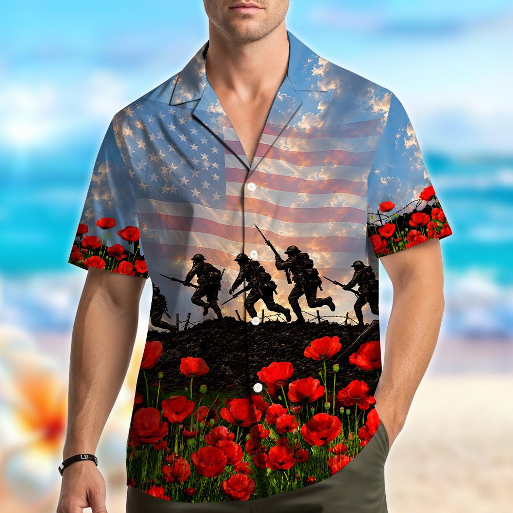 Back view of the blue patriotic hawaiian shirt