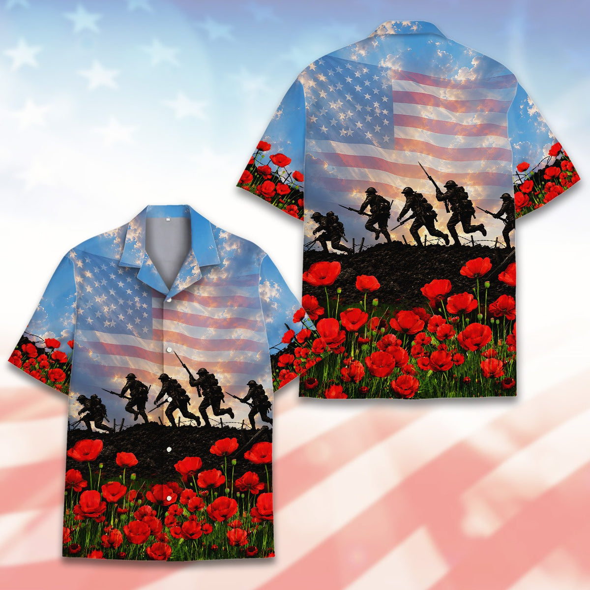 Close-up of the red poppy flowers and barbed wire detail on the hawaiian shirt