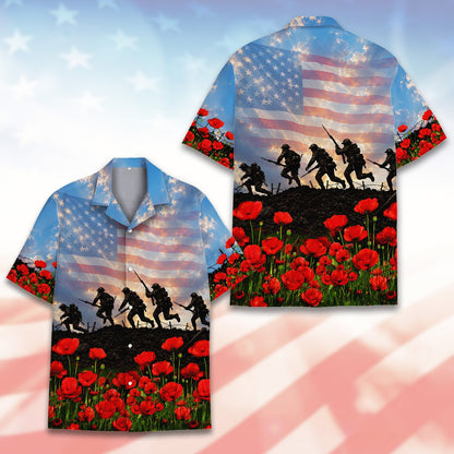 Close-up of the red poppy flowers and barbed wire detail on the hawaiian shirt