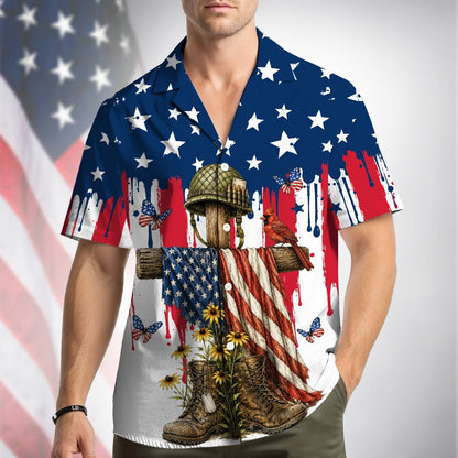 Patriotic hawaiian shirt with distressed flag and soldier's cross, main view