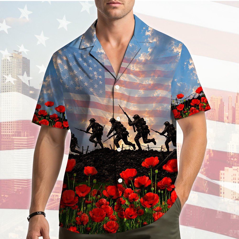 Main view of the blue patriotic hawaiian shirt featuring military soldiers and poppy flowers