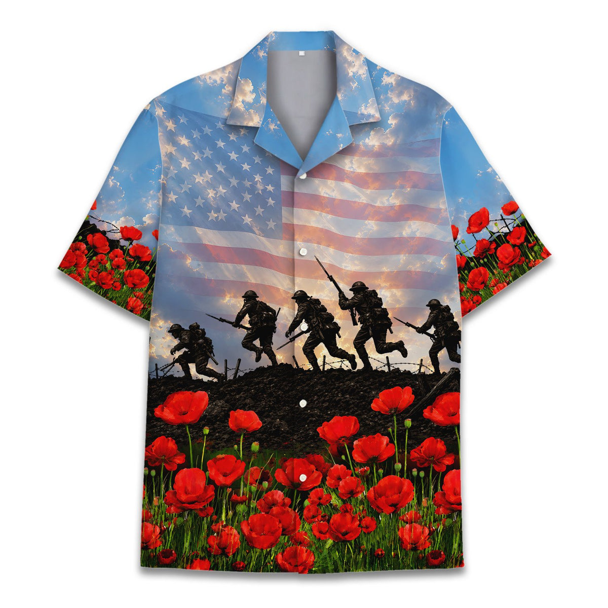 Lifestyle image of a family wearing matching patriotic hawaiian shirts outdoors