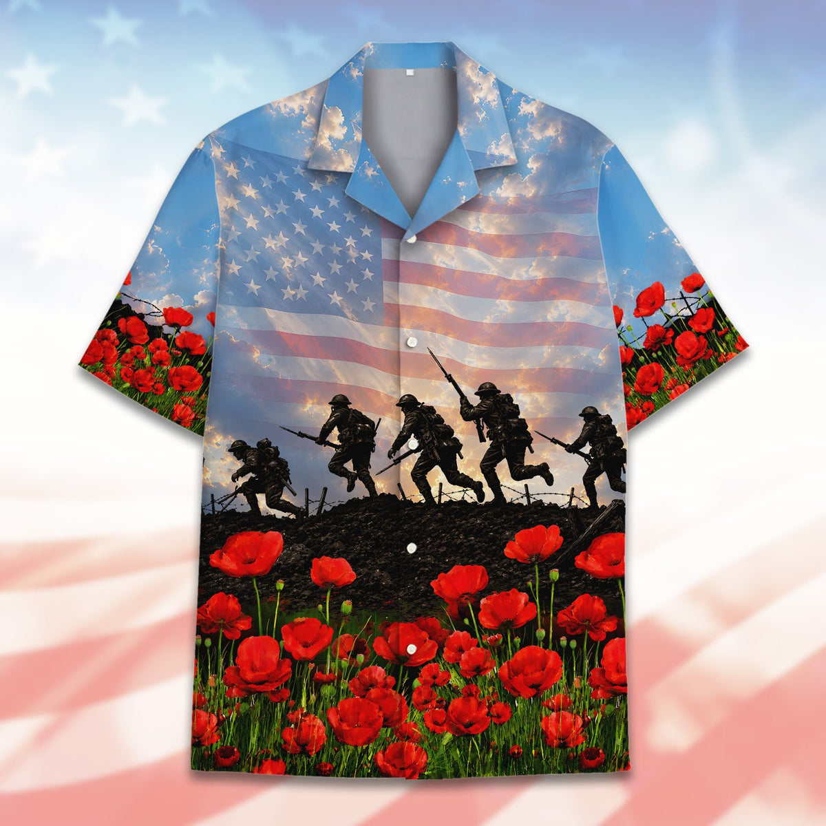 Lifestyle image of the hawaiian shirt styled for a Fourth of July celebration