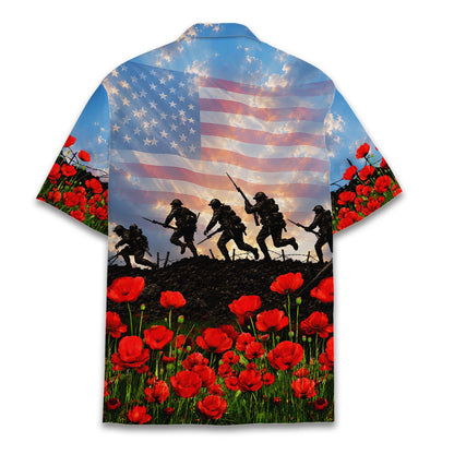 Lifestyle image of an adult wearing the patriotic military hawaiian shirt