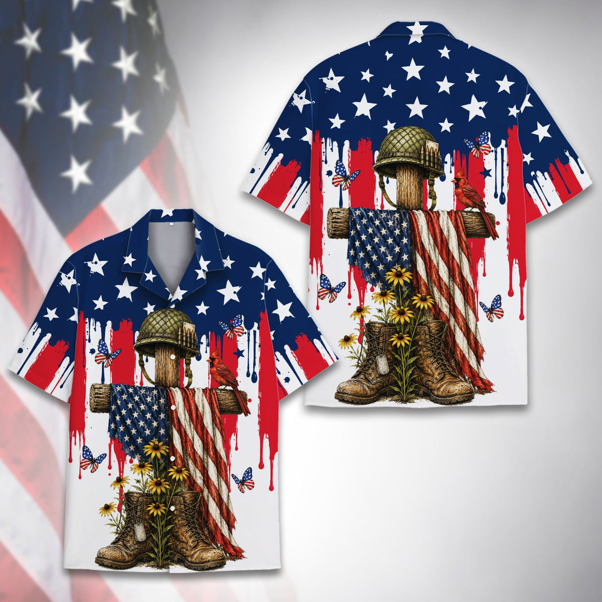 Detail view of the soldier's cross and cardinal on the shirt