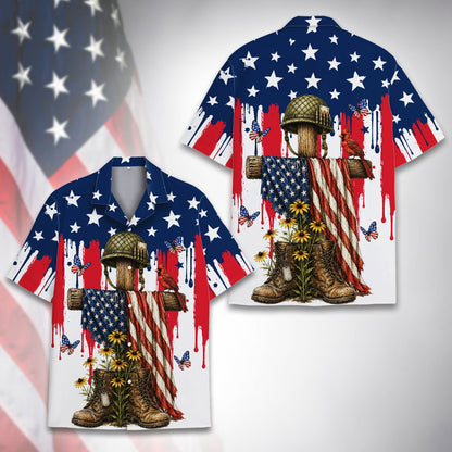 Detail view of the soldier's cross and cardinal on the shirt