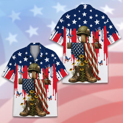 Detail view of sunflowers and butterflies on the patriotic shirt