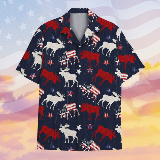 Patriotic moose hawaiian shirt for matching family, main view