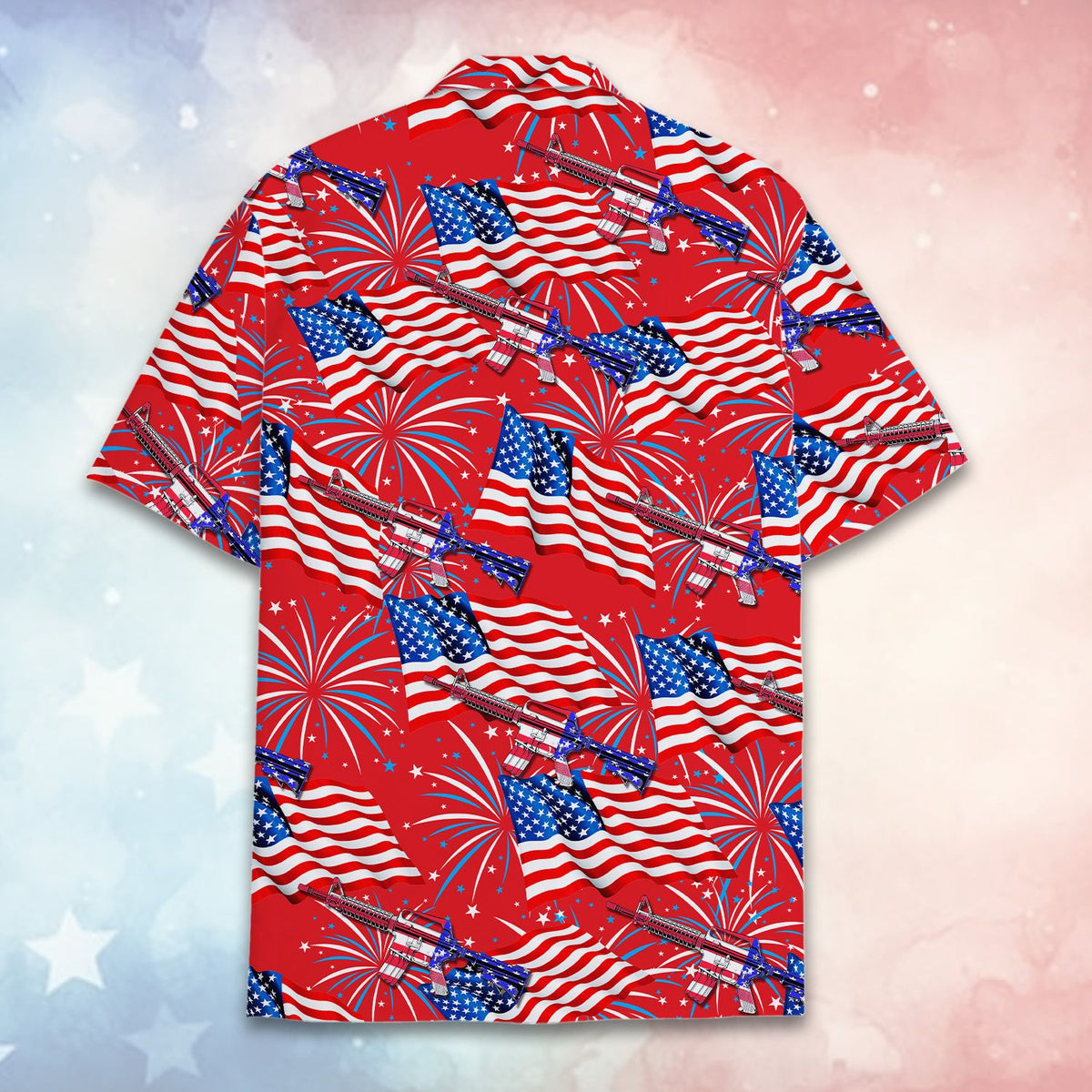 Alternate back view of the vibrant red patriotic holiday shirt