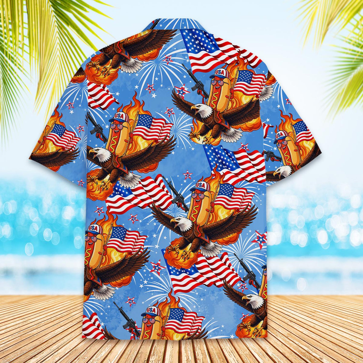Detailed back view showing hot dogs holding rifles on a hawaiian shirt
