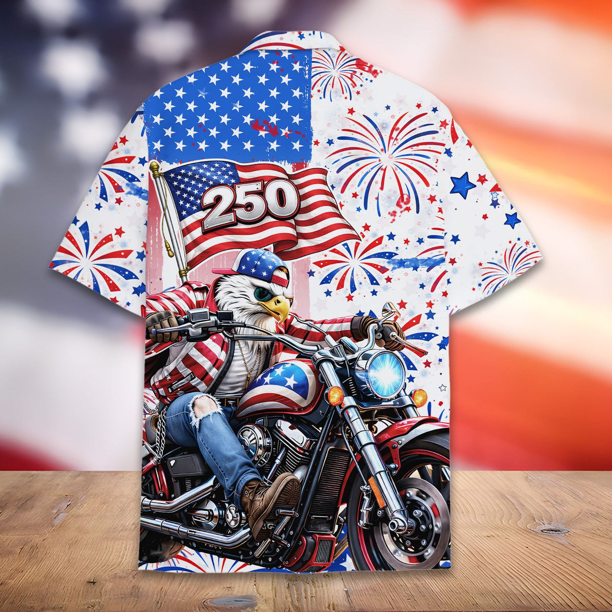 Detailed back view of the patriotic motorcycle hawaiian shirt
