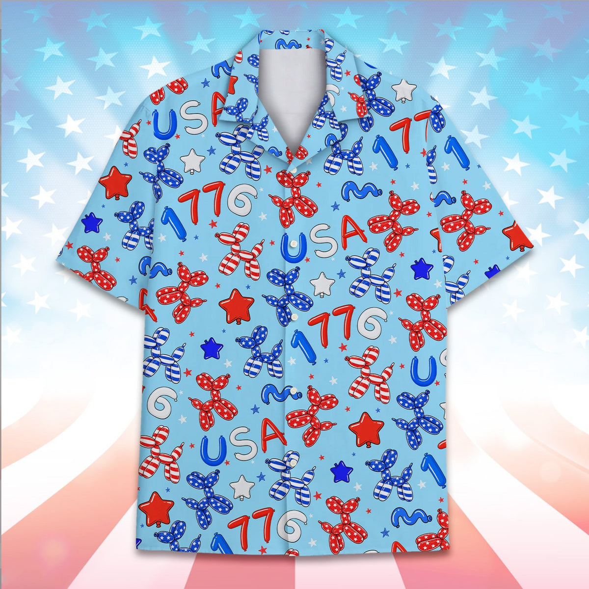 Close-up back view of the patriotic hawaiian shirt with stars and 1776 text