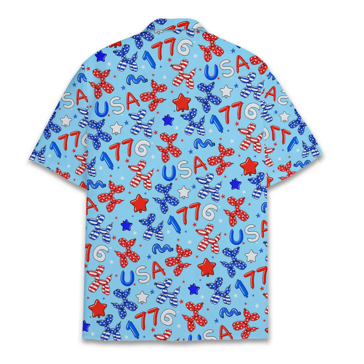 Another close-up back view of the light blue patriotic hawaiian shirt