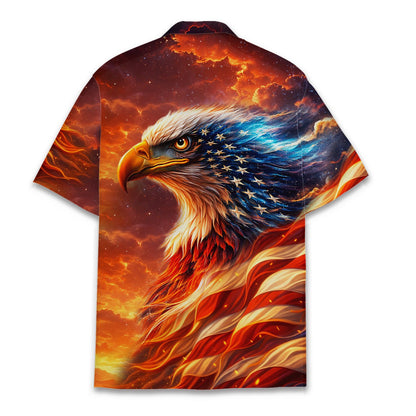 Back view of the patriotic hawaiian shirt showing fiery sunset and red stripes