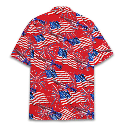 Back view of the patriotic hawaiian shirt showing the continuous flag and rifle pattern