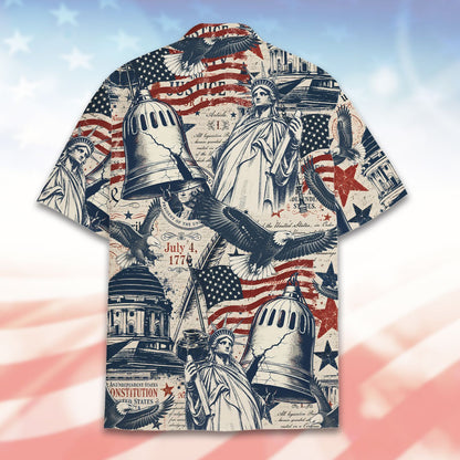 Back view of the vintage patriotic montage Hawaiian shirt